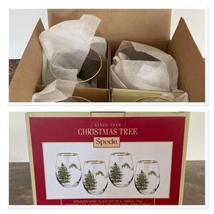 SPODE Christmas Tree Set  4 Stemless Wine Glasses 14 Karat Gold Trim w Box XMAS